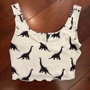 Dinosaur Notched Cropped White Tank Top - XS